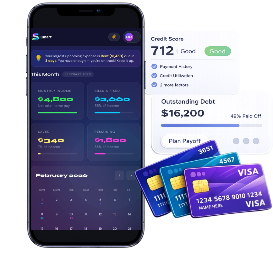 Sumart app showing debt payoff progress, credit cards, and bill calendar